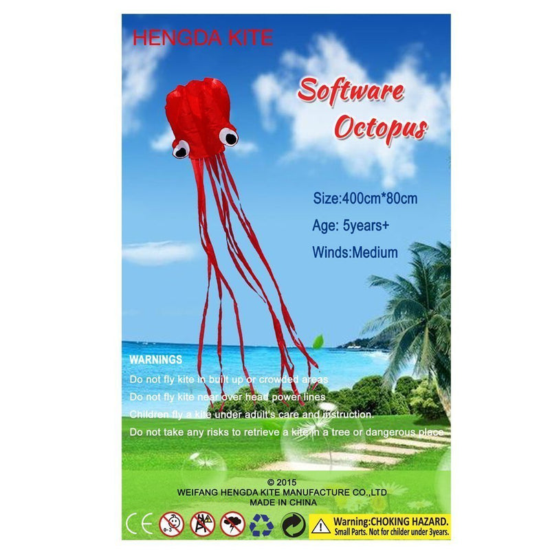 [AUSTRALIA] - HENGDA KITE Software Octopus Flyer Kite with Long Colorful Tail for Kids, 31-Inch Wide x 157-Inch Long, Large, Red All Red 