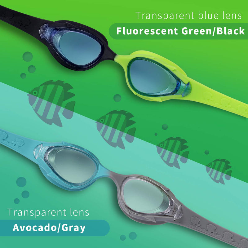 2-Pack Kids Swim Goggles, Toddler Swim Goggles, Swim Pool Goggles for Boys or Girls From 3-12, Quick Adjustable 05.fluorescent Green/Black(transparent Blue Lens) + Avocado/Gray(transparent Lens) - BeesActive Australia