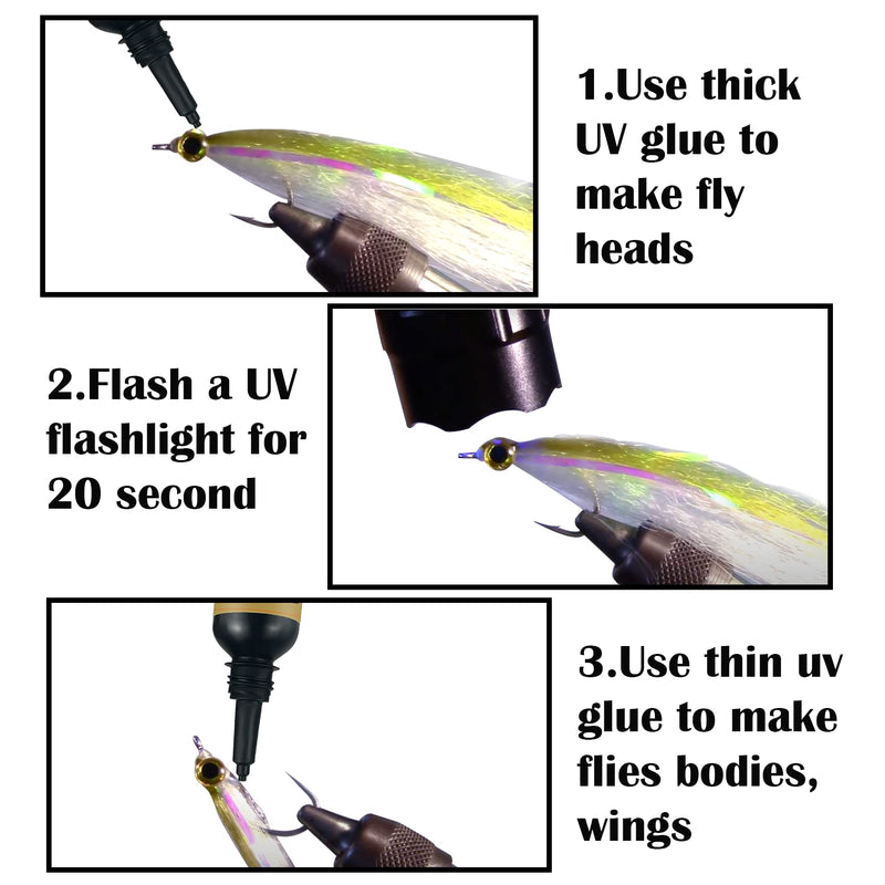 Riverruns UV Clear Glue Three Formula Thick,Thin and Super Flew +12 LED UV Power Light Fly Tying for Building Flies Flies Heads Bodies and Wings Tack Free UV glue combo - BeesActive Australia