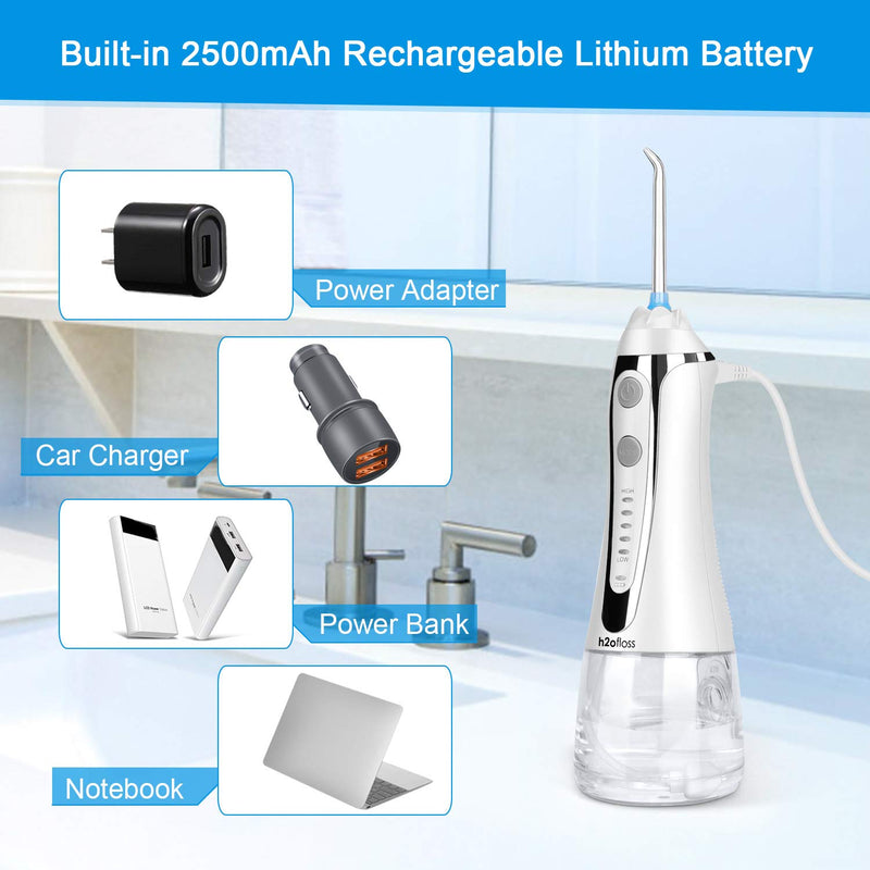 H2ofloss Cordless Water Dental Flosser, Portable Oral Irrigator for Teeth, Braces, Rechargeable & IPX7 Waterproof Teeth Cleaner for Home Travel White - BeesActive Australia