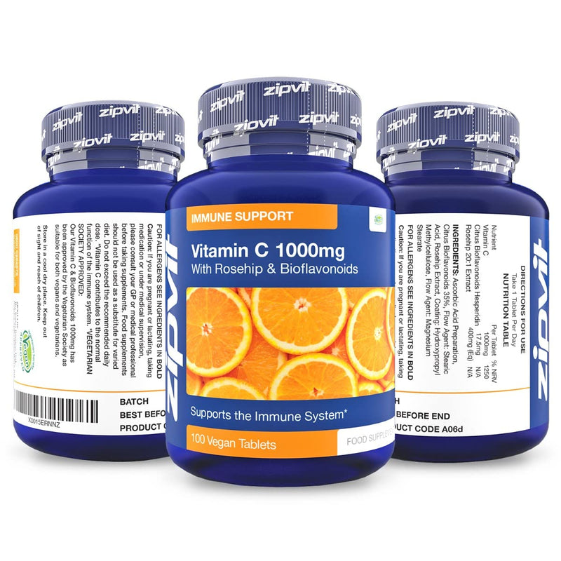 Vitamin C 1000mg with Bioflavonoids, 100 Vegan Tablets. Supports The Immune System. Contributes to a Reduction in Tiredness and Fatigue. 100 Tablet Jar - BeesActive Australia