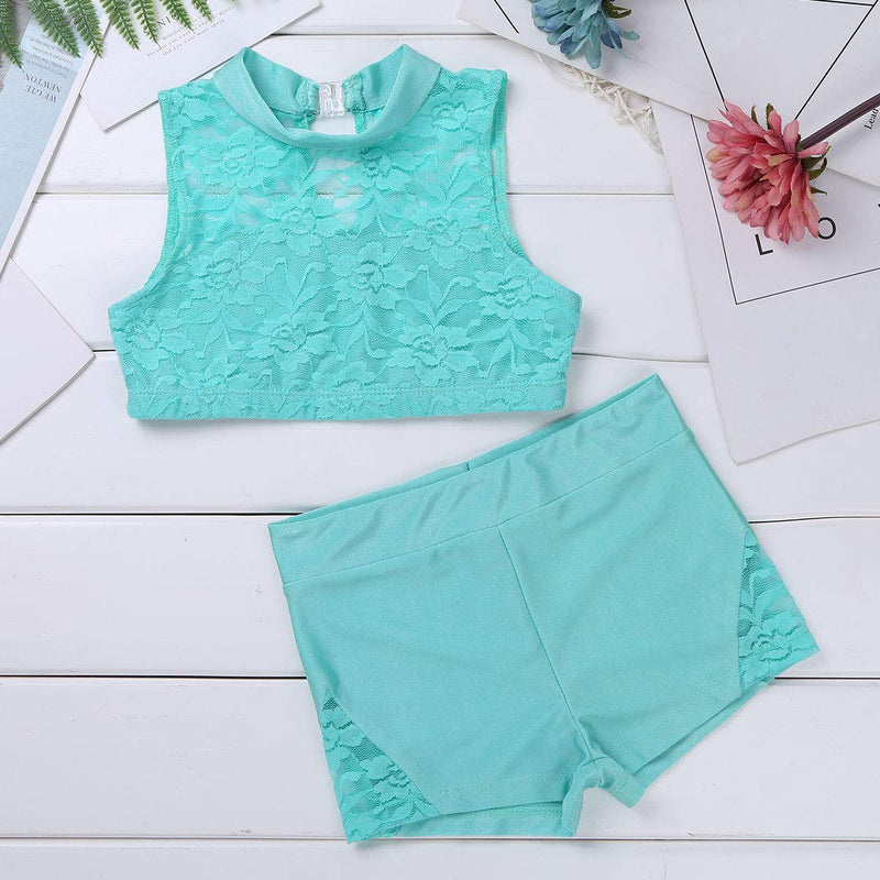 [AUSTRALIA] - Freebily 2PCS Girls Tankini Dance Dress Outfit Floral Lace Crop Top with Booty Shorts Sports Gymnastic Ballet Costume Mint_green 10 