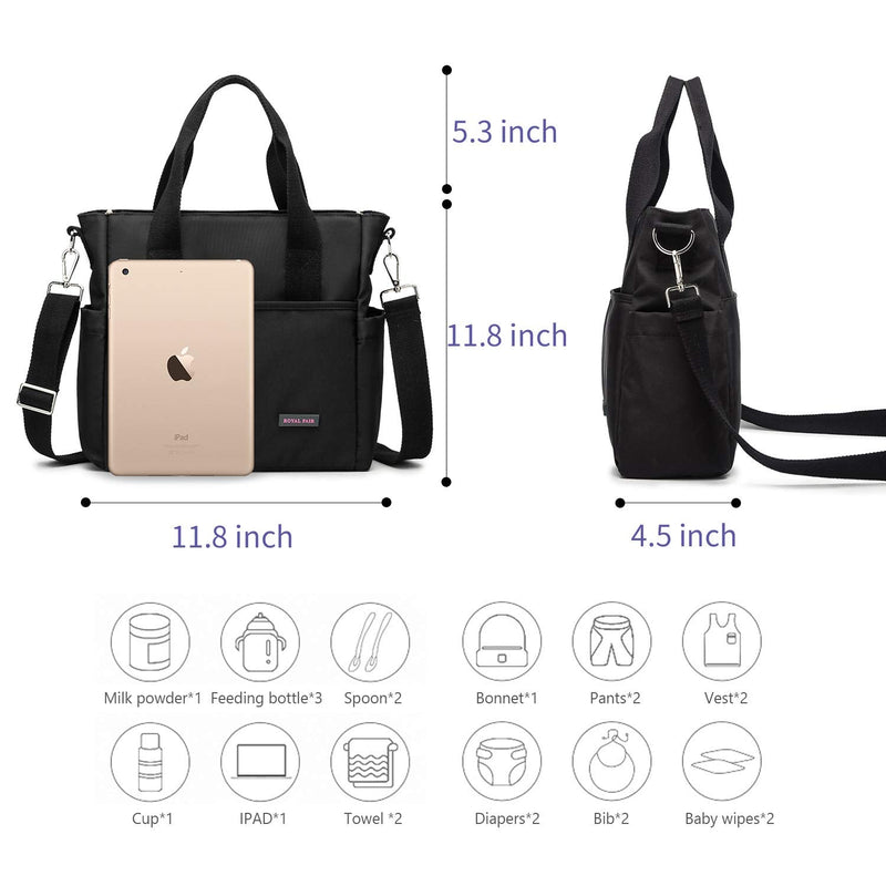 Small Changing Bag, ROYALFAIR Baby Nappy Changing Bag Diaper Bag for Mom & Dad Portable Messenger Tote Bag with Pram Clips(Black) Black - BeesActive Australia
