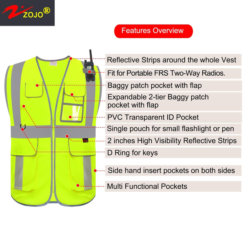 Zojo High Visibility Safety Vest, Reflective with Multi-Functional Pockets and Zipper,for Men Women work 1 Yellow - BeesActive Australia
