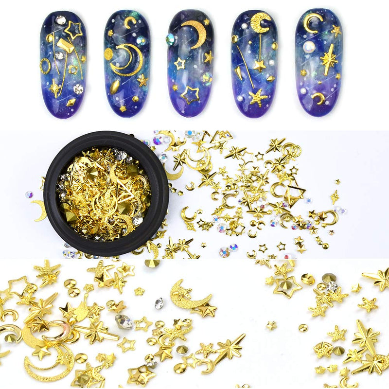 MEILINDS Gold Nail Studs Gems Sparkle Rhinestones Metal Rivets Charms Hollow Moon Star Shaped Artificial Pearls DIY 3D Nail Art Decoration(2 Boxes) star moon - BeesActive Australia