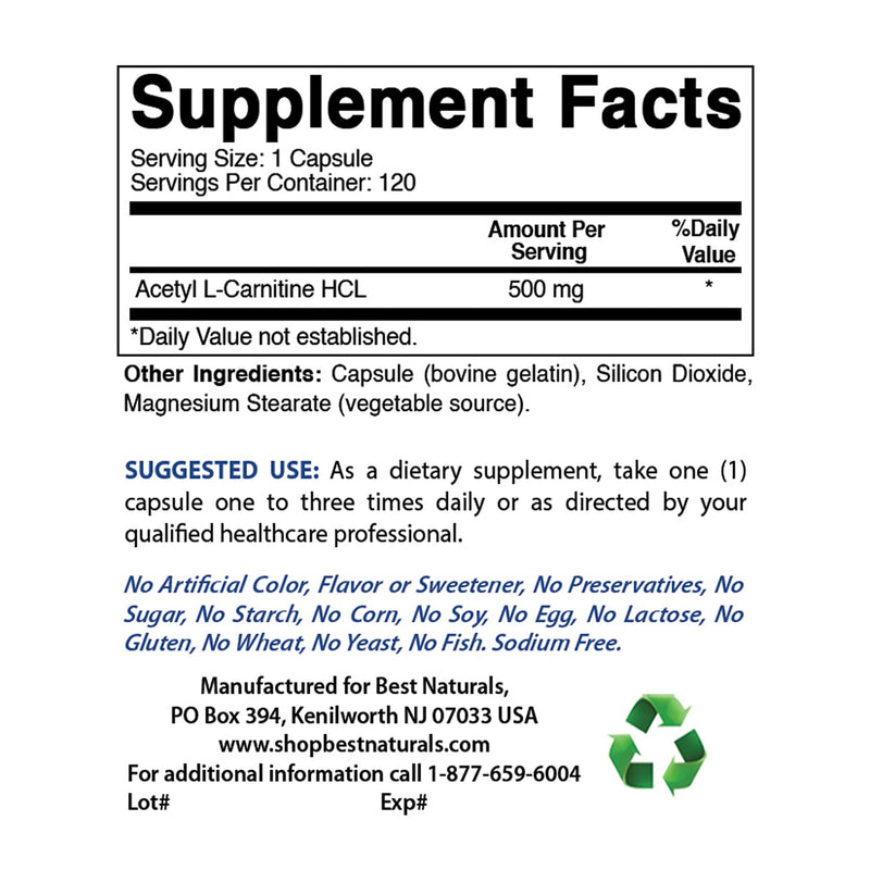 Best Naturals Acetyl L-Carnitine 500 mg 120 Capsules - BeesActive Australia