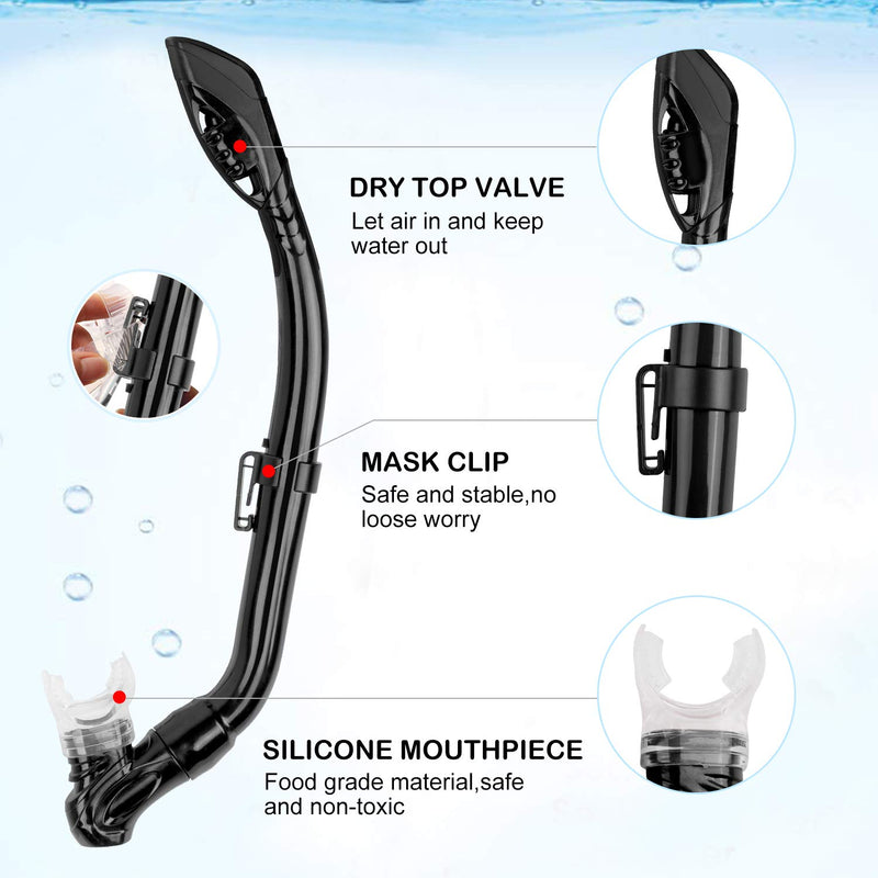 Gintenco Kids Snorkel Set, Dry Top Snorkel Mask Anti-Leak for Youth Junior Child, Anti-Fog Snorkeling Gear Free Breathing,Tempered Glass Swimming Diving Scuba Goggles 180° Panoramic View Black - BeesActive Australia