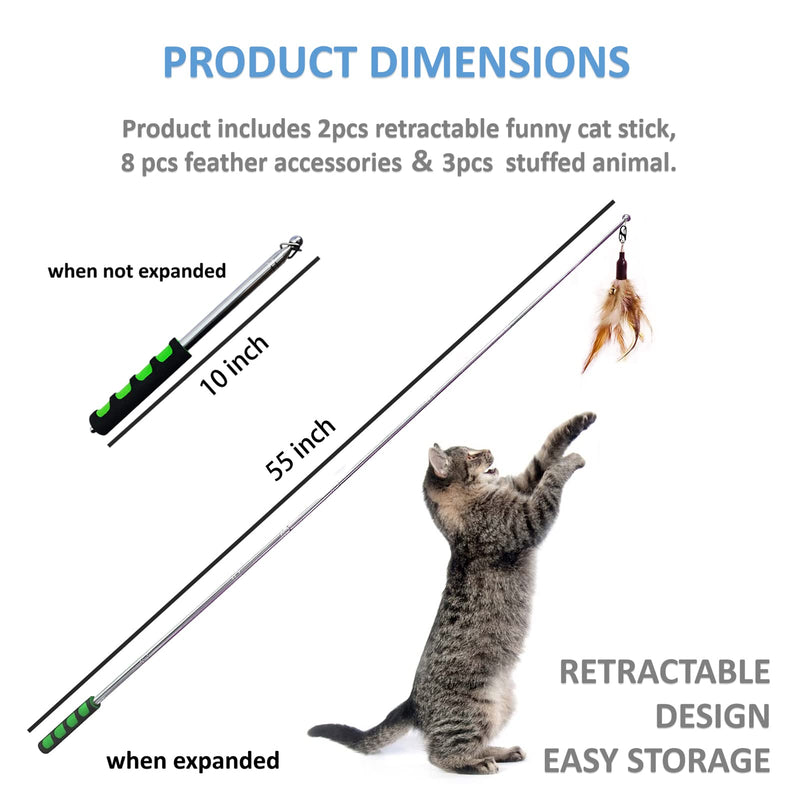 WHEFORY Retractable Cat Teaser Cat Wand Toy, Cat Toys for Indoor Cats Interactive Cat Toy Fishing Rod with 11 Pcs Refills Feather Toys & Plush Animals - BeesActive Australia