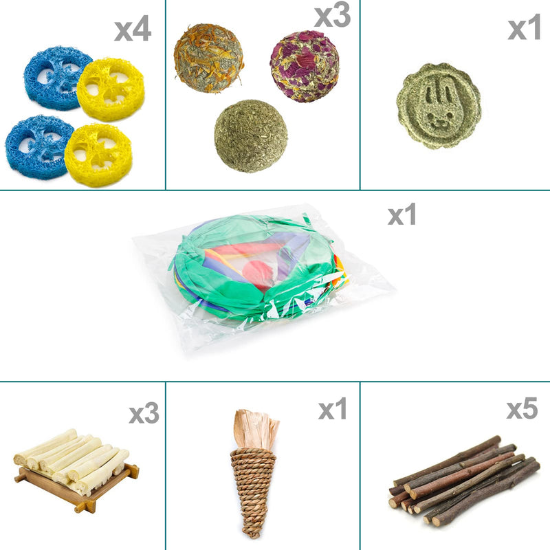 Rabbit Toys, Bunny Tunnels and Tubes with Chew Toys for Grinding Teeth Apple Sticks Bamboo Carrot Loofah and Grass Ball for Rabbit Guinea Pig Chinchilla Ferret Rat - BeesActive Australia