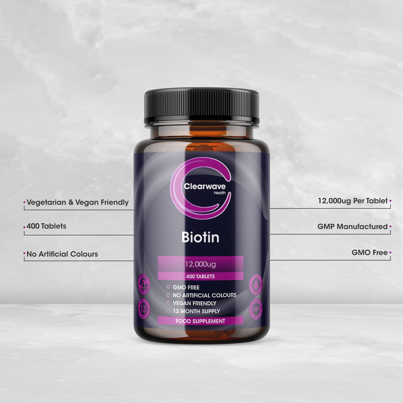 Biotin Hair Growth Supplement - 12,000mcg High Strength - 400 Tablets (13 Month Supply) - Vegan - Made in The UK by Clearwave Health - BeesActive Australia