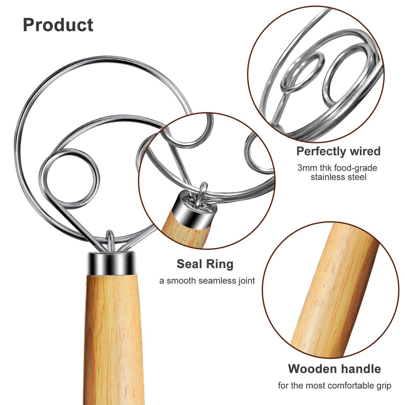 Nlmyt 2Pcs Danish Dough Whisk, Bread Whisk, Dutch Whisk, Wooden Danish Whisk, 13 Inch Premium Stainless Steel Pastry Whisks, Whisk Kitchen Tool for Bread, Batter, Cake 2pack bread whisks - BeesActive Australia