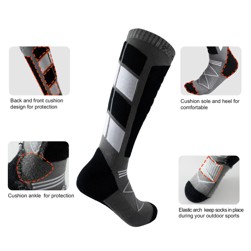 Bulinlulu Merino Wool Ski Socks for Skiing, Snowboarding, Hunting Hiking Cold Weather, Winter Performance Sport Socks 2 Pairs Grey 9-12.5 - BeesActive Australia