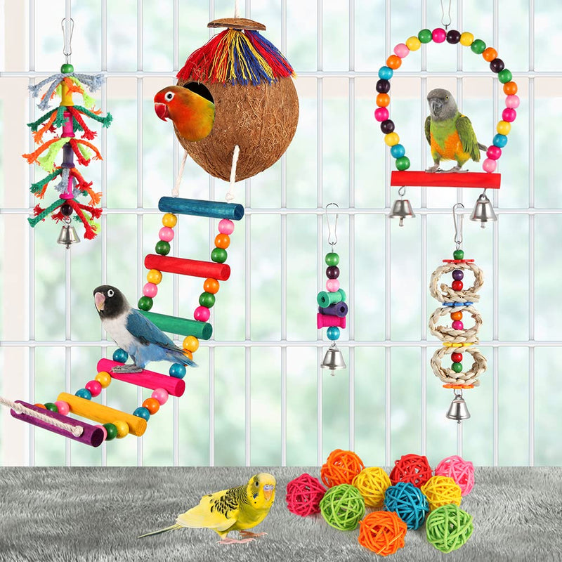Bird Toys 17 Pcs Bird Parakeet Swing Chewing Hanging Toys Climbing Ladder Coconut Bird Cage Toys Suitable for Cockatiels,Conures,Finches,Budgie,Love Birds - BeesActive Australia