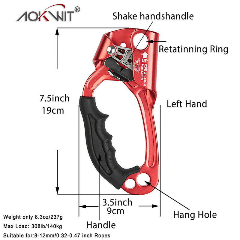 AOKWIT Climbing Ascender, Aviation Light Alloy Rappelling Belay Gear Rock Climbing Tree Arborist SRT Climbing Rope Ascender with Handle Clamp Left Hand Red - BeesActive Australia