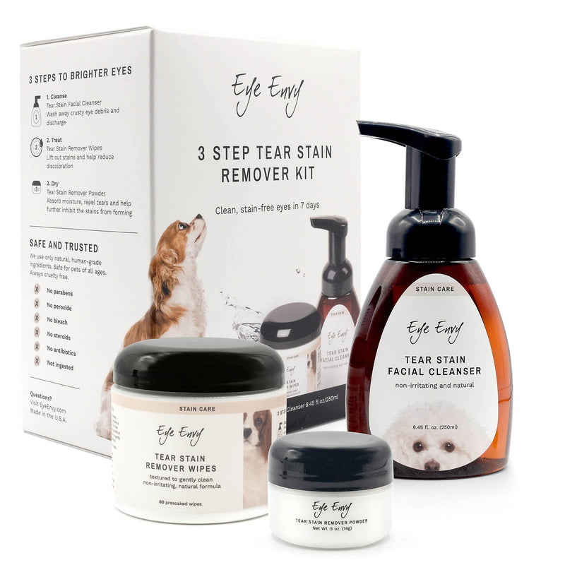 Eye Envy 3 Step Tear Stain Remover Kit for Dogs | Clean, Stain-Free Eyes in 7 Days | Contains: Cleanser 8.45 fl.oz, Wipes 60 Count and Powder 0.5oz | Non-irritating and Natural - BeesActive Australia