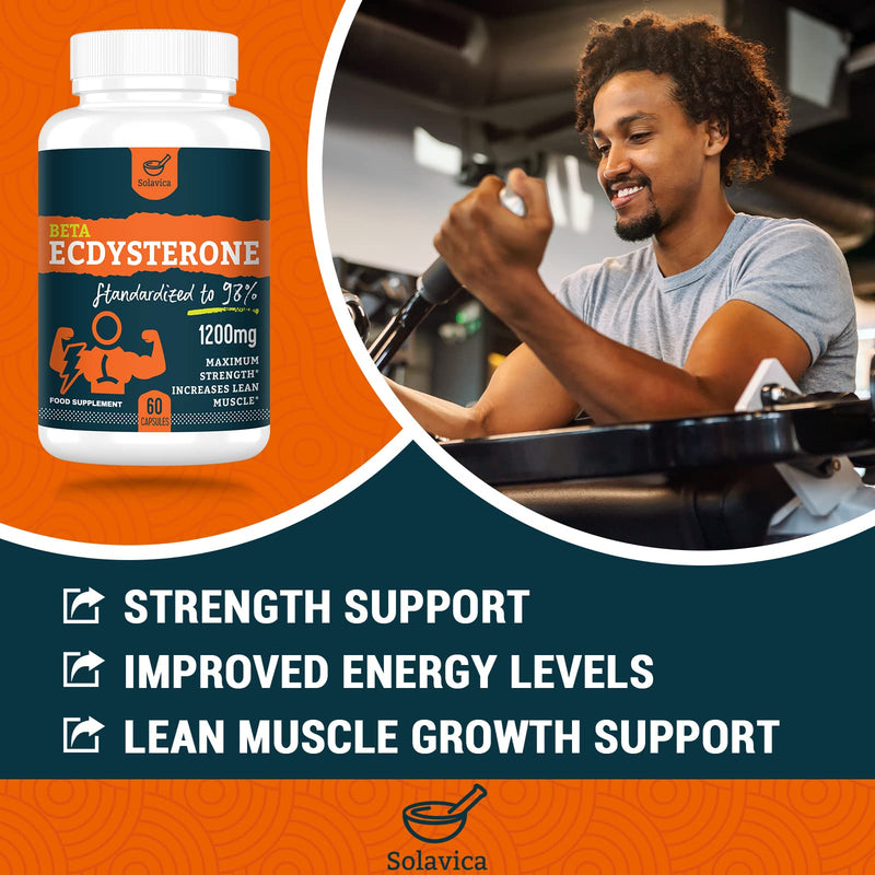 Solavica Beta Ecdysterone Supplement 1200mg -98% Maximum Purity Ecdysterone for Lean Muscle Building & Strength Gains, Promotes Endurance & Muscle Growth (60 Capsules)-1 Month Supply 60 Count(Pack of 1) - BeesActive Australia