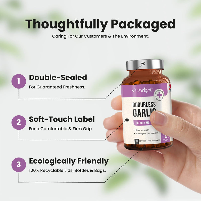 Odourless Garlic Capsules - High Strength 30,000mg - 180 Deodourised Garlic Oil Softgels � High in Allicin Garlic Supplement - 100% Natural Cold Pressed Garlic Tablets � Immune Support - Made in UK - BeesActive Australia