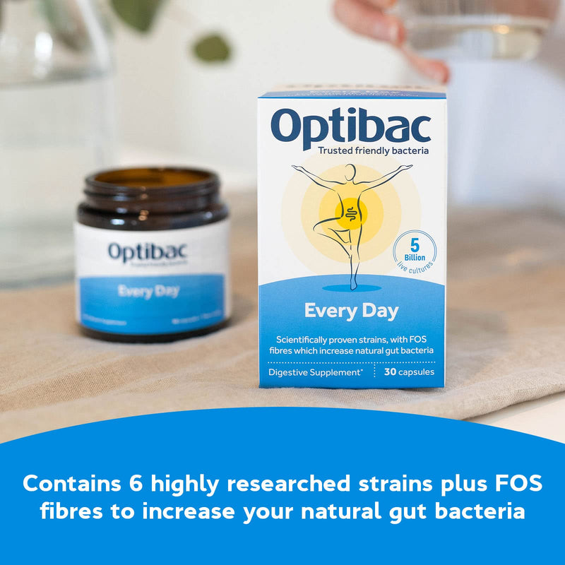 Optibac Probiotics Every Day - Digestive Probiotic Supplement with 5 Billion Bacterial Cultures & FOS Fibres - 30 Capsules 30 Count (Pack of 1) - BeesActive Australia