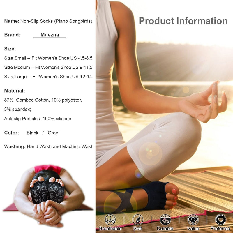 Muezna Non Slip Yoga Socks for Women, Toeless Anti-Skid Pilates, Barre, Ballet, Bikram Workout Socks with Grips Small 2 Pack - Black Gray - BeesActive Australia