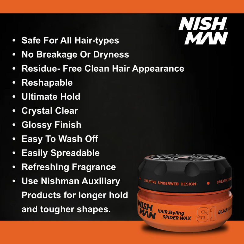 Nish Man Spider S1 Black Widow Wax Series Water Based Men’s Hair Styling Natural Shine Ultra Strong Hold Nishman Wax 150 ml (S1 Black Widow) - BeesActive Australia