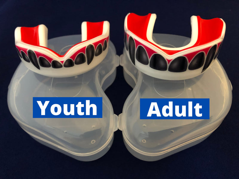 Oral Mart Sports Youth Mouth Guard for Kids (USA Flag & 3 Fangs & 15 Best Colors) | Youth Mouthguard (BPA Free) Football, MMA, Karate, Flag Football, Rugby, Boxing, BJJ, Hockey (/w Vented Case) (Youth, Strapless) Youth (Age 12 & Below) Black Fangs - BeesActive Australia