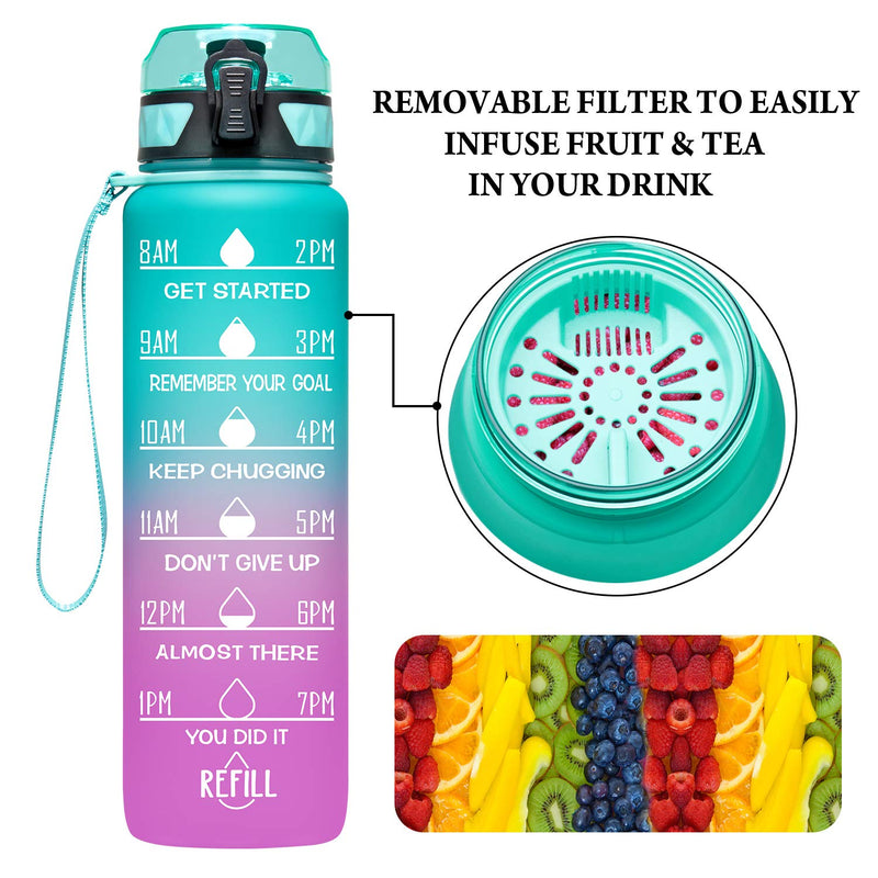 Elvira 32oz Motivational Fitness Sports Water Bottle with Time Marker & Removable Strainer,Fast Flow,Flip Top Leakproof Durable BPA Free Non-Toxic B01-Green/Purple Gradient - BeesActive Australia
