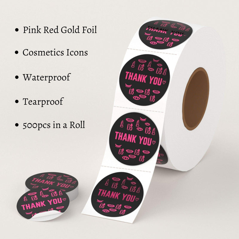 Mobiusea Creation Thank You Stickers Roll | Lip Gloss Packaging | Pink Red Gold Foil |1.5 inch | Waterproof | 500 Labels for Small Business, Salon & Beauty Store, Eyelash Bags Packaging - BeesActive Australia