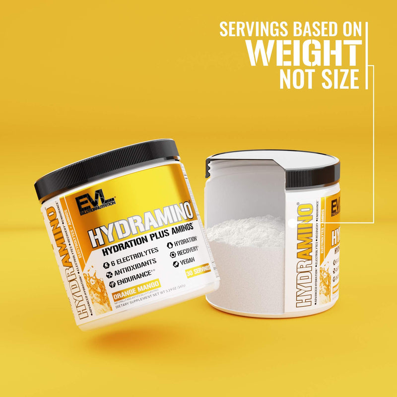 Evlution Nutrition HYDRAMINO Complete Hydration Multiplier, All 6 Electrolytes, Vitamin C & B, Fluid Boosting Aminos, Coconut Water, Endurance, Recovery, Antioxidants, 30 Serve, Orange Mango - BeesActive Australia