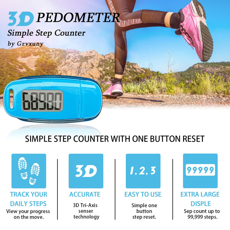 3D Pedometer Clip On, Simple Walking Step Counter with Backlight, USB Rechargeable Accurate Step Counter, Daily Target Monitor, Exercise Time (Blue) - BeesActive Australia