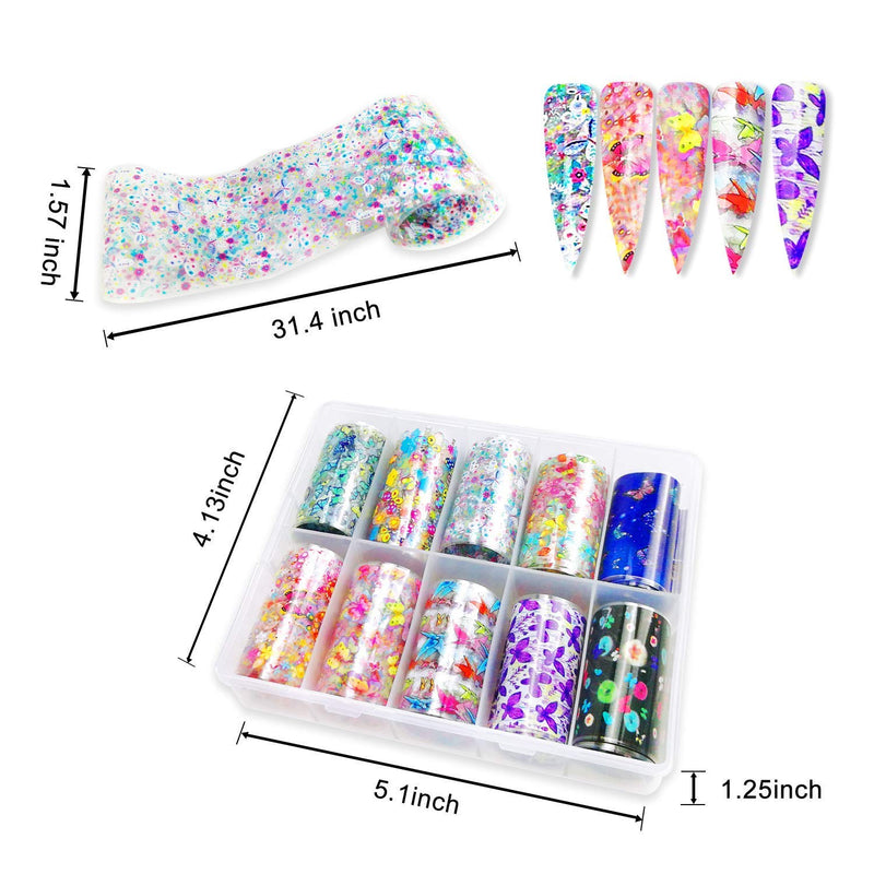 Nail Foil Transfer Stickers for Women 10 Rolls Black White Laser Foils Leopard Design Flowers Nail Decals Butterfly Nail Art Supplies Foil Transfers DIY Decoration Kit - BeesActive Australia