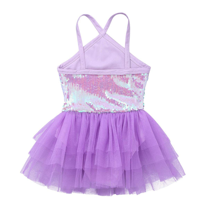 [AUSTRALIA] - MSemis Kids Girls Criss Cross Back Sequins Camisole Ruffles Tutu Skirts Lyrical Dance/Ballet/Activewear Dress Lavender 3 / 4 