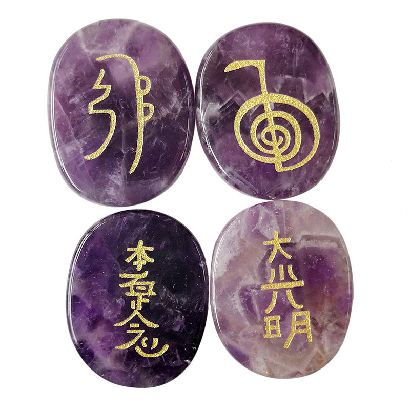 Lovionus89 4 Pcs Amethyst Engraved Chakra Stones Healing Crystal Reiki Balancing Palm Stone, 25mm - BeesActive Australia