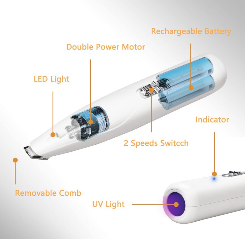 Electric Dog Paw Fur Trimmer Cordless Ear Hair Clipper Small Cats Mini Dogs Clippers Light up Puppy Grooming Clippers 2 Speeds Rechargeable Cat Trimmer Quiet Grooming with UV Light - BeesActive Australia