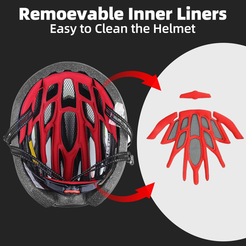 Bike Helmet, Basecamp Bicycle Helmet with Rear Light & Detachable Magnetic Goggles & Portable Backpack Lightweight Cycling Helmet Adjustable for Adult Men Women Mountain & Road (BC-069) BlackRedWhite - BeesActive Australia