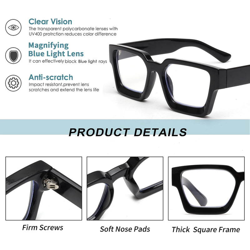 JM 3 Pack Square Reading Glasses, Blue Light Blocking Computer Reader for women men 3 Pack Mixed Color 0.0 x - BeesActive Australia