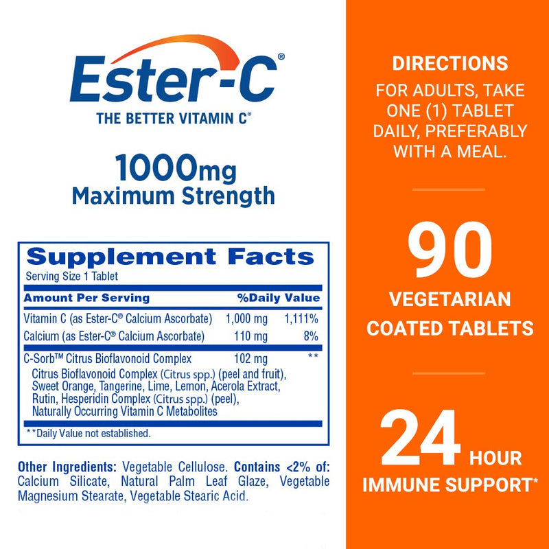Ester-C Vitamin C, 1,000 mg, 90 Coated Tablets 90 Count (Pack of 1) - BeesActive Australia