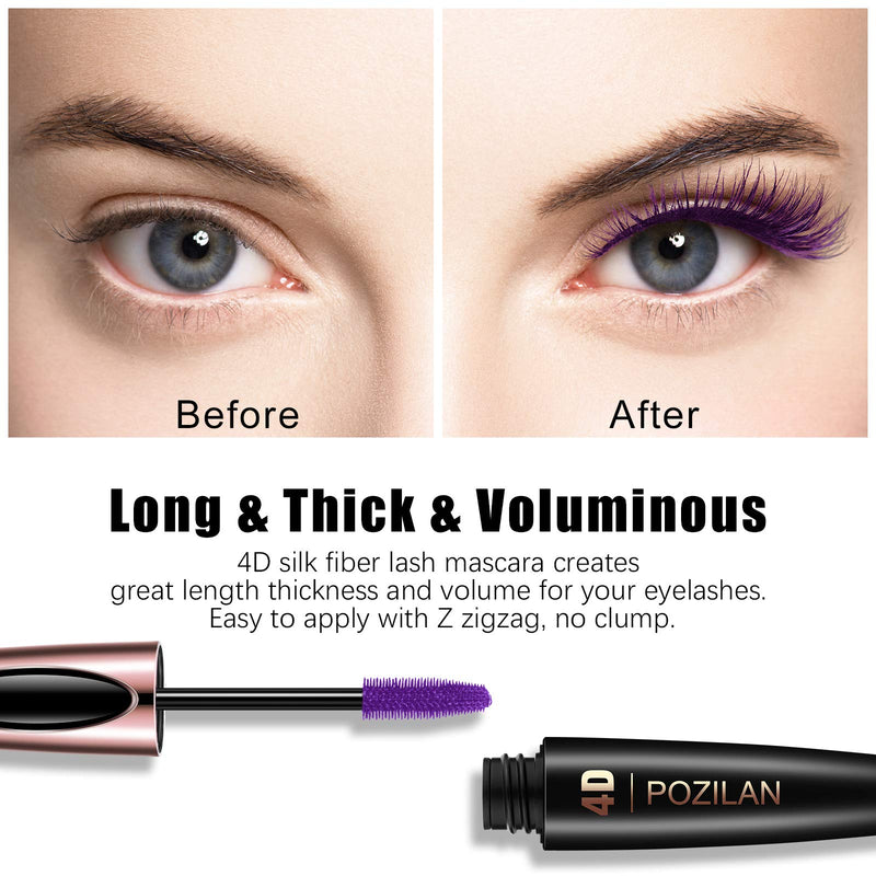 POZILAN 4D Silk Fiber Lash Mascara Waterproof Purple with Folding Eyelash Comb Brush - Lengthening, Volumizing, Long-Lasting, Natural Eye Makeup (02 Purple) - BeesActive Australia