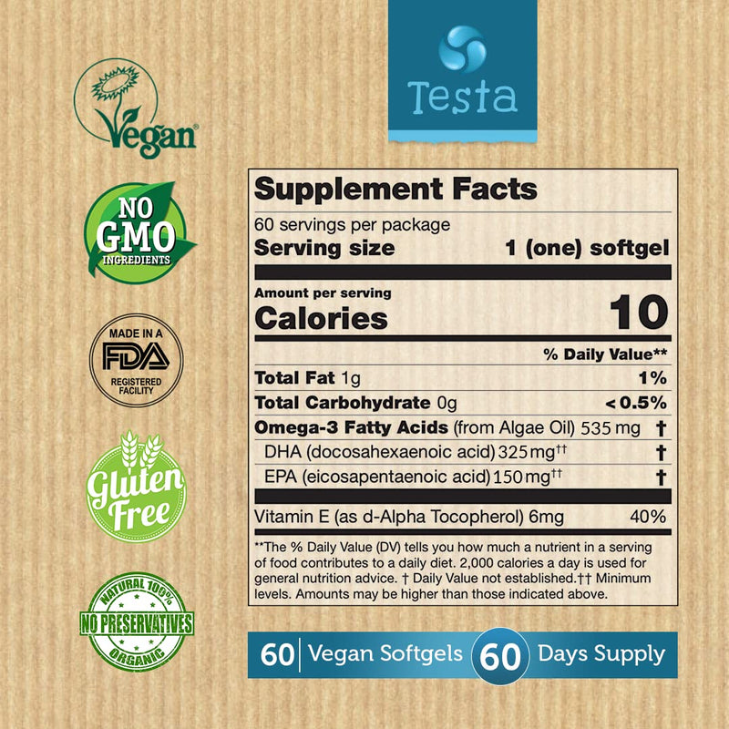 Vegan Omega 3 Supplement - High Strength 325mg DHA + 150mg EPA per Capsule - Only 1-a-Day - Supports Heart, Brain, Joint Health - Plant-based Omega 3 from Algae Oil - Plastic Negative, RTG, and Kosher - Two Months Supply - BeesActive Australia