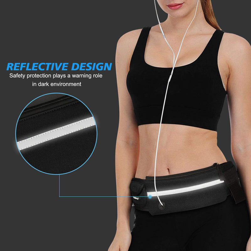 TAGVO Running Waist Pack with Adjustable Elastic Strap Suitable for All Women Men Anti-Bouncing Sweat Proof Fanny Pack, Fitness Sport Belt with Reflective Patch for Carrying Keys, Cards, Phones Black - BeesActive Australia