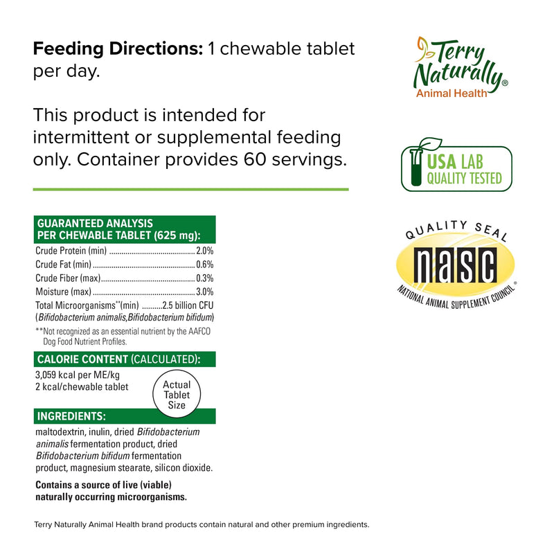 Terry Naturally Animal Health Probiotic Daily - 60 Chewable Tablets - Probiotics for Dogs, Beneficial Intestinal Bacteria to Maintain Healthy Gut Flora & Digestion - Canine Only - 60 Servings - BeesActive Australia