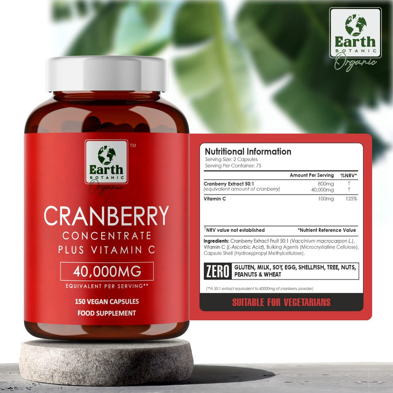 Earth BOTANIC Organic Cranberry Capsules 40,000mg High Strength | 150 Concentrated Pills Cranberry Extract Complex with Vitamin C Supplements - BeesActive Australia