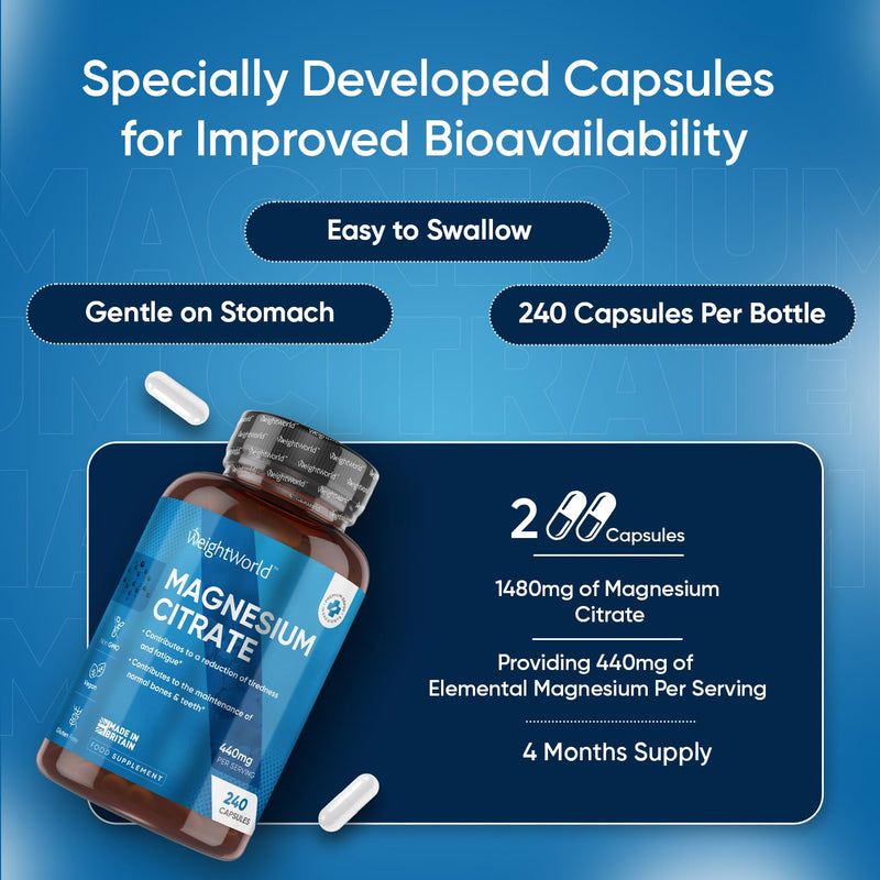 High Strength Magnesium Supplements - 240 Vegan Magnesium Citrate Capsules 1480mg - Providing 440mg High Absorption Elemental Magnesium - 4 Months Supply - Not Magnesium Tablets - Made in The UK - BeesActive Australia