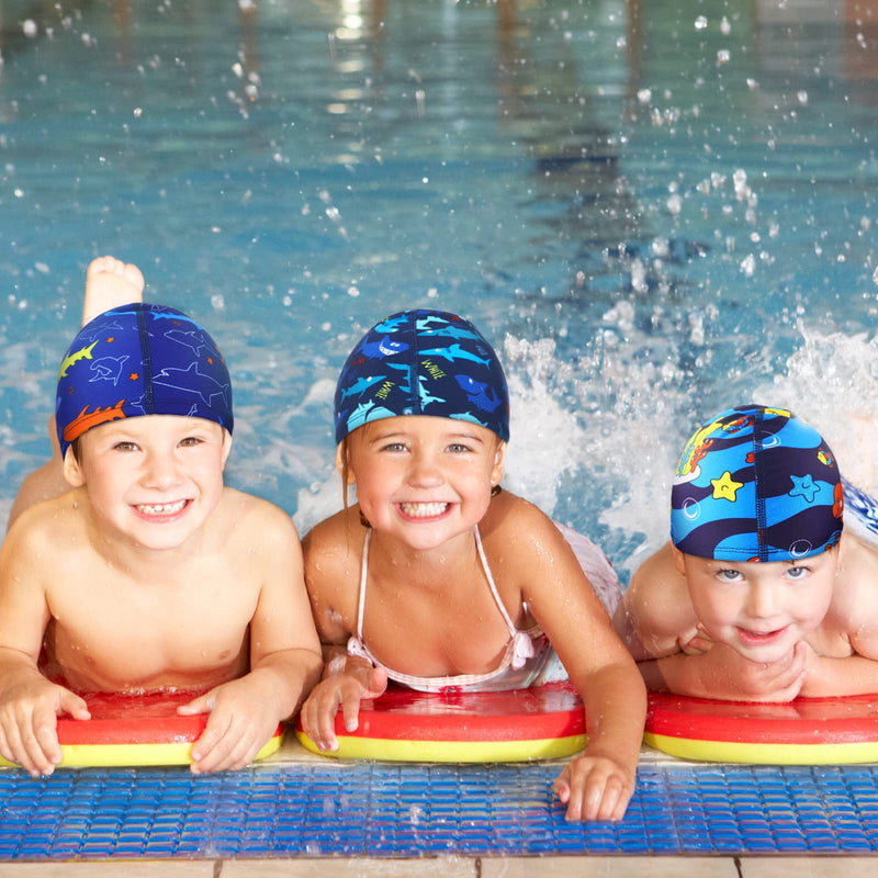 Kids Swim Caps 3 Pieces Shark Dolphin Bathing Swimming Hats Unisex Polyester Bathing Cap Shower Pool Cap Summer Swimming Caps for Boys Girls Long Short Hair - BeesActive Australia