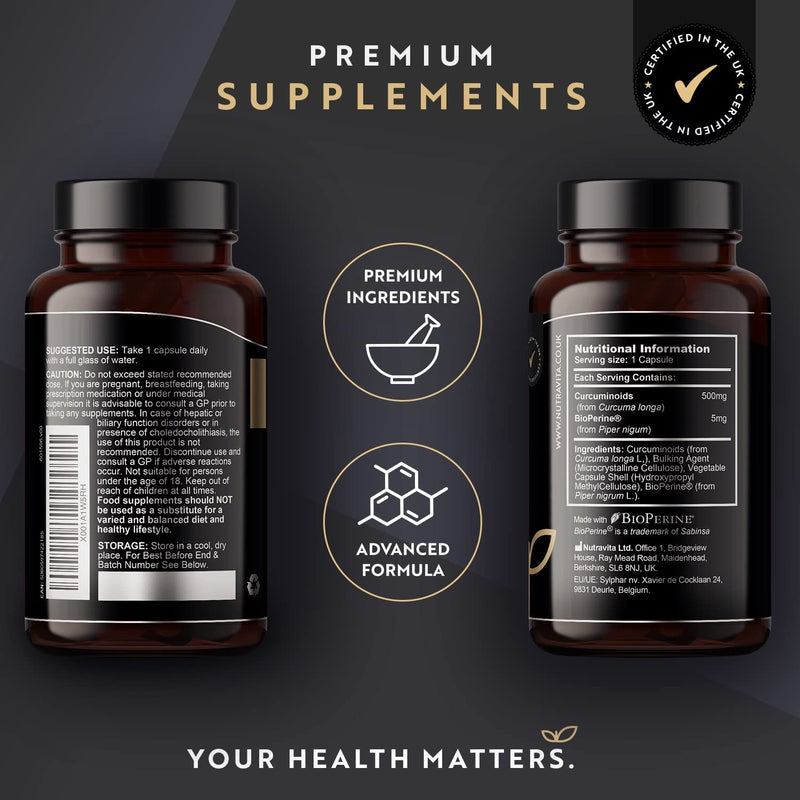Premium Curcumin 95% Curcuminoids with Bioperine� - 120 High Strength Vegan Capsules - Turmeric Curcumin and Bioperine� (Black Pepper Extract) to Enhance Absorption - Made by Nutravita - BeesActive Australia