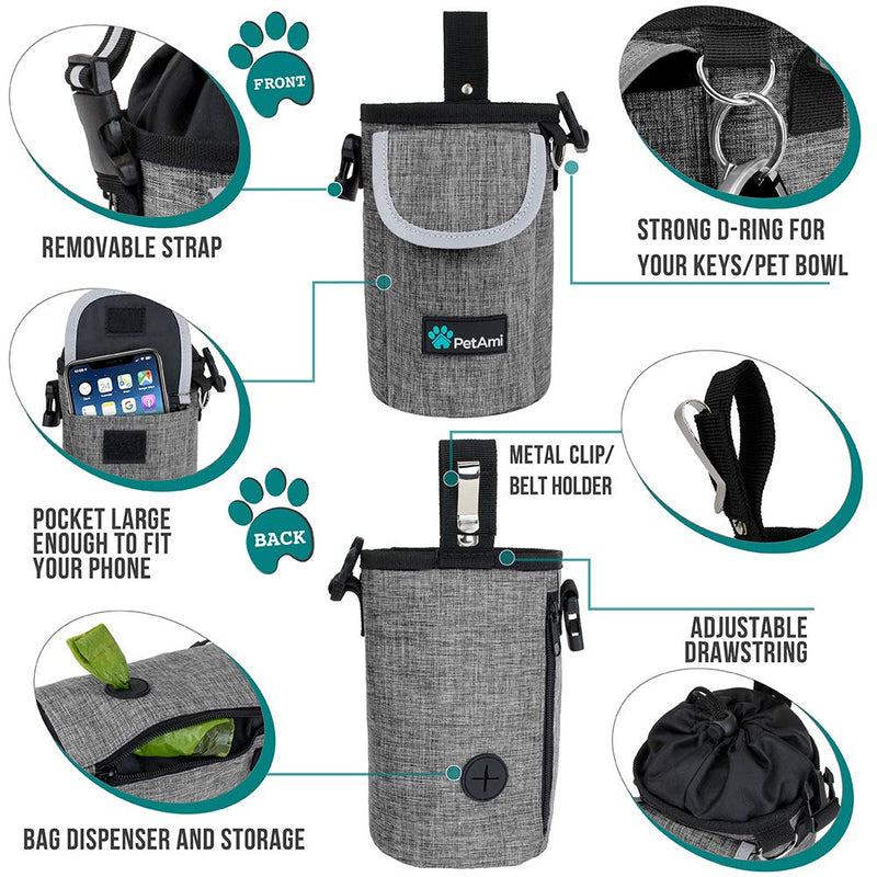 PetAmi Dog Treat Pouch with Large Front Pocket | Dog Training Pouch Bag with Waist Shoulder Strap, Poop Bag Dispenser, Collapsible Bowl | Training Bag for Kibbles, Pet Toys | 3 Ways to Wear Heather Grey - BeesActive Australia