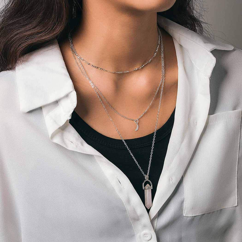 Aetorgc Boho Layered Necklace Chain Moon Pendant Necklaces Rhinestone Necklace Jewelry for Women and Girls (Silver) Silver - BeesActive Australia