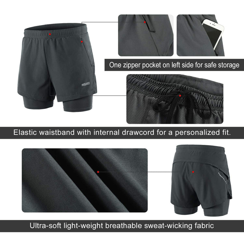 [AUSTRALIA] - ARSUXEO Men's 2 in 1 Running Shorts Breathable Zipper Pocket B202 Dark Grey Small 