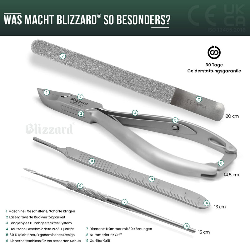 Podiatry Instrument Set by Blizzard – 4 Piece Chiropodist Tools Kit with Nail Nipper, Blacks File, Diamond Deb Dresser and Scalpel Blade Handle - German Forged Implements for Podiatry Care - Hospital Grade 4 Count (Pack of 1) - BeesActive Australia