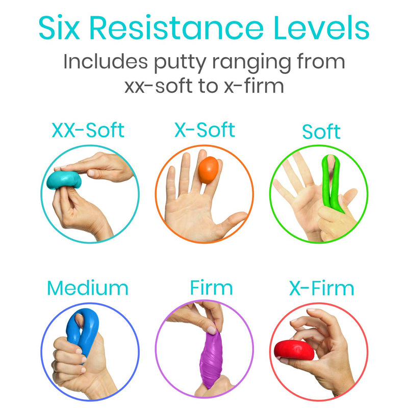 Vive Therapy Putty (6 Pack 18 oz) - Therapeutic, Occupational and Exercise Tool - Thinking and Stress - Finger, Hand Grip Strength Exercises - Extra Soft, Medium, Firm Resistance - Adult, Children All Resistances - BeesActive Australia