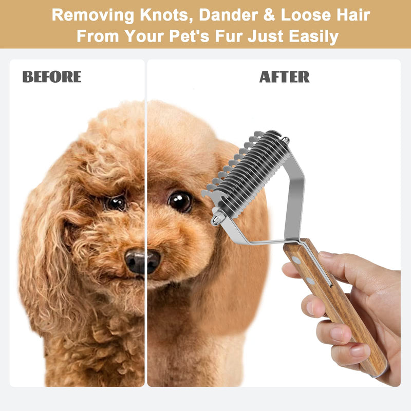 Pet Grooming Brush, 2 Sided Undercoat Rake for Dogs and Cats, Dematting Comb and Deshedding Tool for Shedding Long Hair, Pain Free Removing Tangled and Loose Fur, Stainless Steel with Wooden Handle 2 Sided Pet Grooming Rake - BeesActive Australia